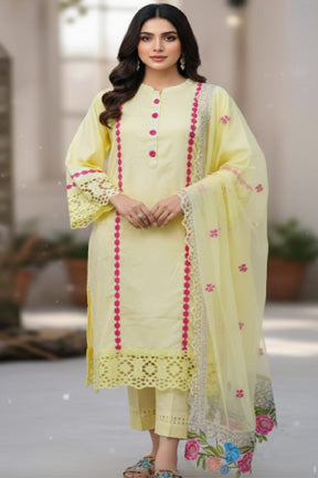 Lemon Yellow Cotton Suit with Hot Pink Lace & Cutwork Details