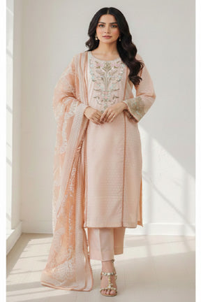 Peach Textured print lawn 3-Piece Ready to Wear Dress with Peach Floral Accents